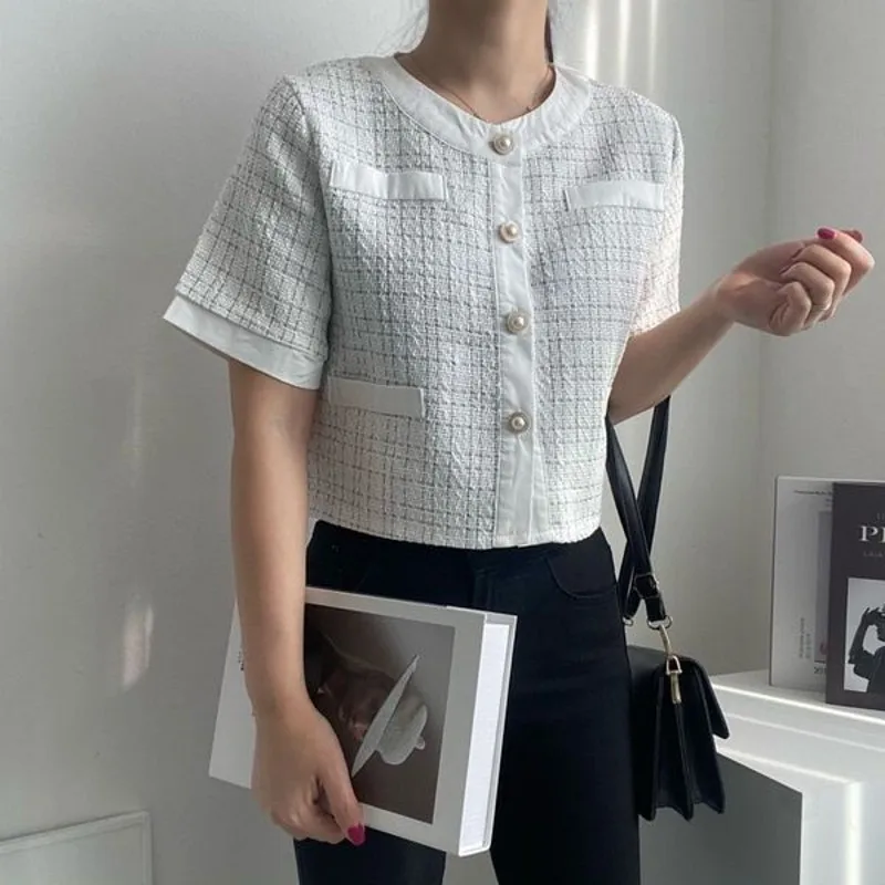 

Women's jacket 2021 summer Korean fashion chic round neck single-breasted solid color short-sleeved casual short jacket