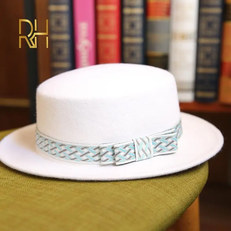 Женская шерстяная шляпа федора плоская с лентой и широкими полями для церкви