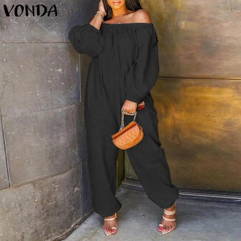 2021 VONDA Summer Rompers Women Autumn Long Overalls Ladies Long Sleeve Casual Solid Playsuits Femme OL Office Pantalones