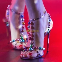 see through bauble studded sandals open toe ankle strap thin high heel runway fashion women shoes colorful sandals