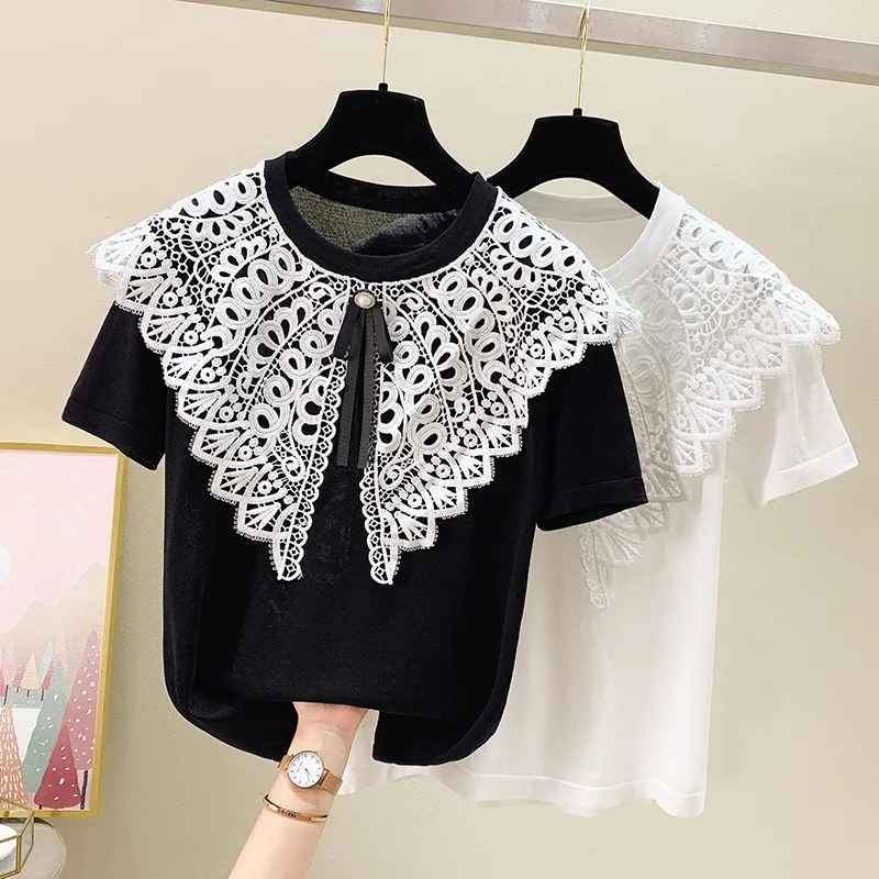 

Новинка лета 2021, трикотажная рубашка с коротким рукавом, Милая Кружевная строчка, большой кукольный воротник, вязаная одежда из вискозы, жен...