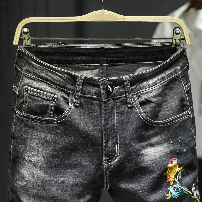 Джинсы мужские с вышивкой птицы облегающие Джоггеры в стиле хип-хоп модные штаны