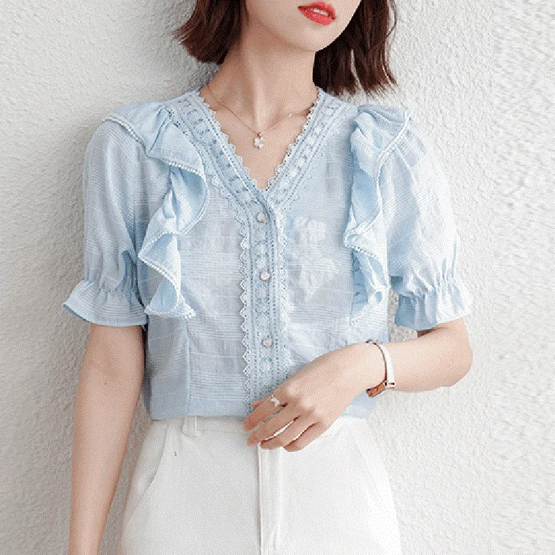 

LJSXLS Ruffles V Neck Short Sleeve Chiffon Shirt Women Casual Summer 2021 Korean Fashion Elegant Solid Office Lady Blouses Tops