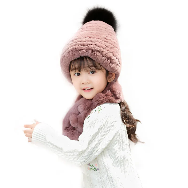 2019 детский меховой шарф шапка комплект из мягкой кроличьей кожи теплый модный