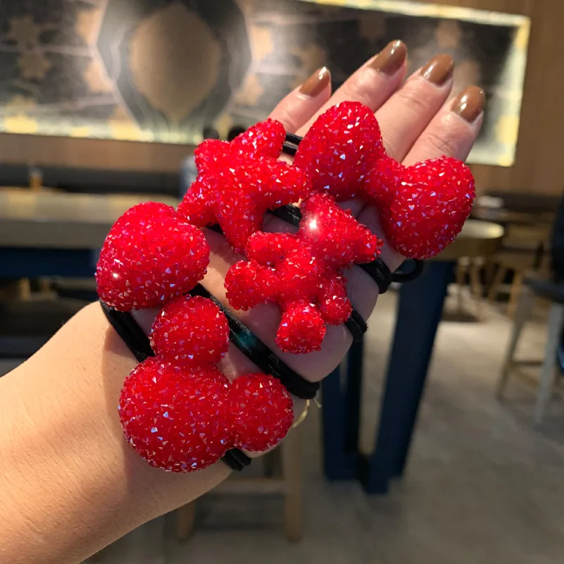 

Disney rhinestone diamond-encrusted rubber band hair ring girl temperament head rope Red festive rubber band hair accessories