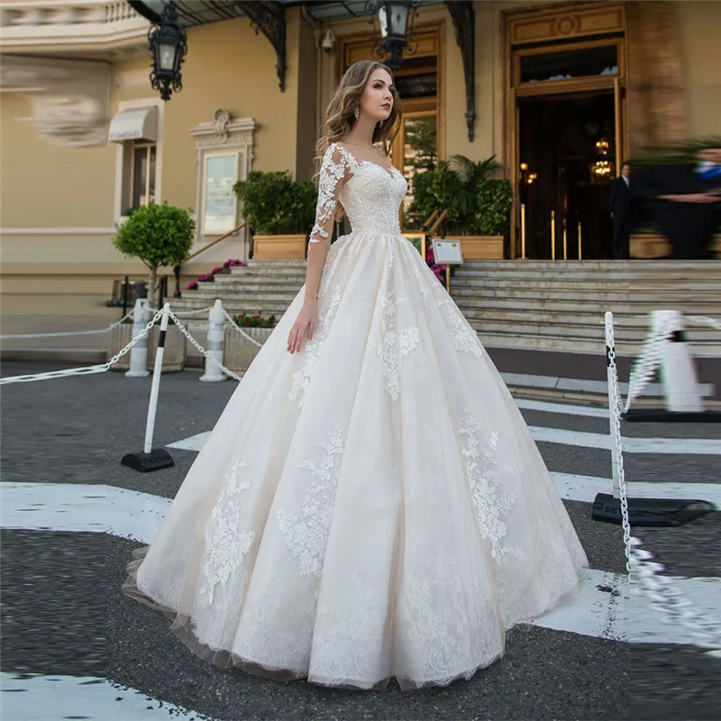 

New Arrival Ball Gown Wedding Dresses Long Sleeves Lace Appliques Pleated Custom Buttons Back Bride Gowns Vestidos De Mariee
