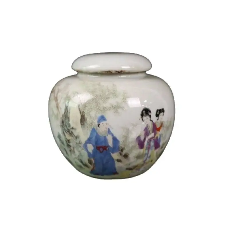 

Chinese Old Porcelain Pastel Figure Pattern Orb Pearl Altar Storage Pot