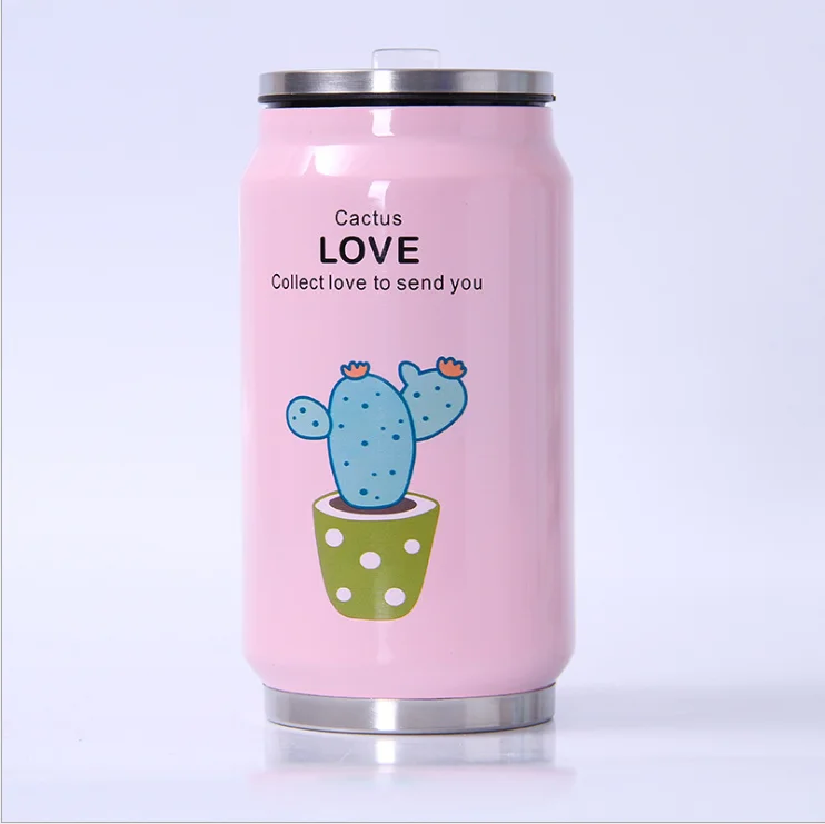 Pink Милая растительная соломинка с узором, термос, кружка из нержавеющей стали, термосы, термальная бутылка для детей, детские банки, Термокружка, 350 мл - Цвет: Pink