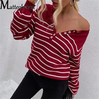 sweaters women autumn winter striped print button v neck long lantern sleeve pullovers 2021 ladies casual loose knitting tops