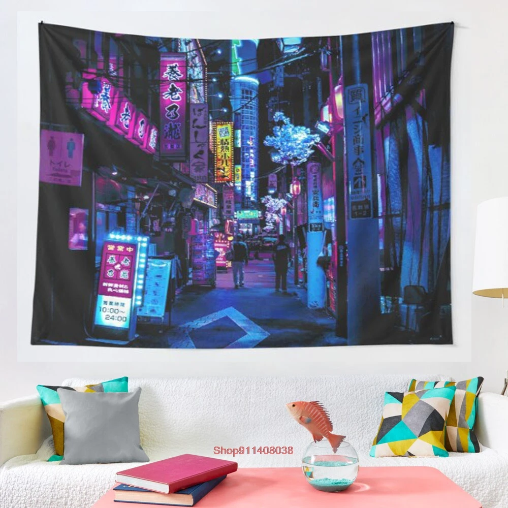 

Голубой гобелен с углами Токио, настенные подвесные гобелены для декора гостиной