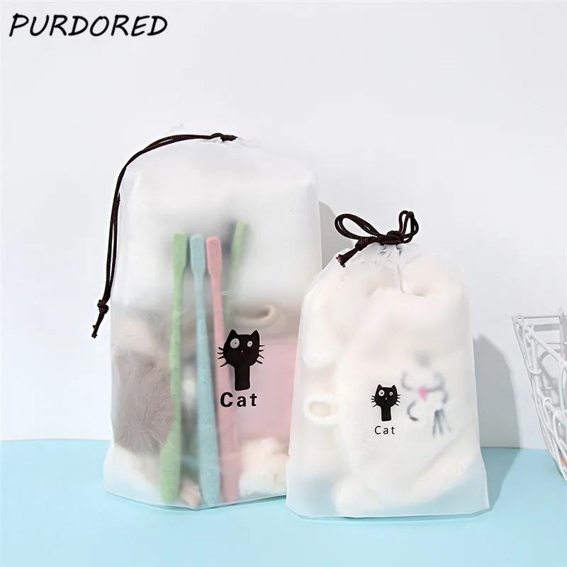 

PURDORED 1 pc Cute Cat Transparent Cosmetic Bag Travel Makeup Bag Women Drawstring Make Up Organizer Storage Pouch Dropshipping