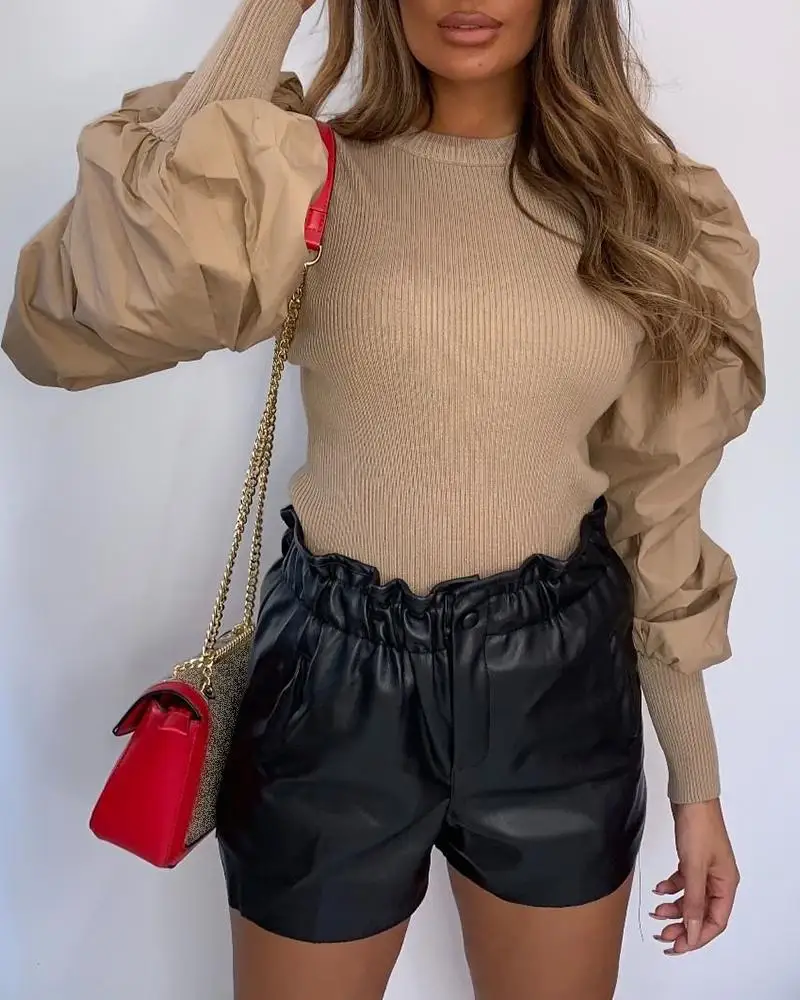 Однотонная Лоскутная шифоновая блузка с пышными рукавами |