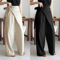 2021 womens pants linen wide leg long trousers high waist pant celmia vintage cotton casual office lady elegant solid pantalon