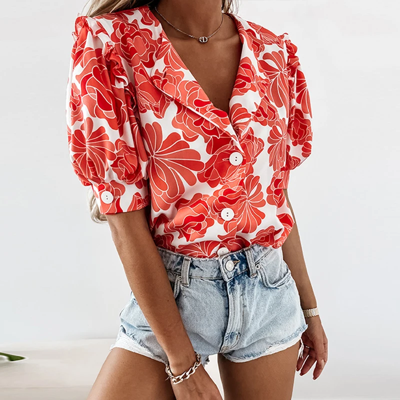 

Women Elegant Turn-Down Collor Floral Shirt Summer Casual Short Sleeve Ladies Ruffle Blouses 2021 Streetwear Female Shirt Blusas