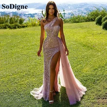 Sodigne rosa lantejoulas sereia vestidos de noite um ombro glitter tule lado dividir longos vestidos de baile dubai vestido formal feminino (2)