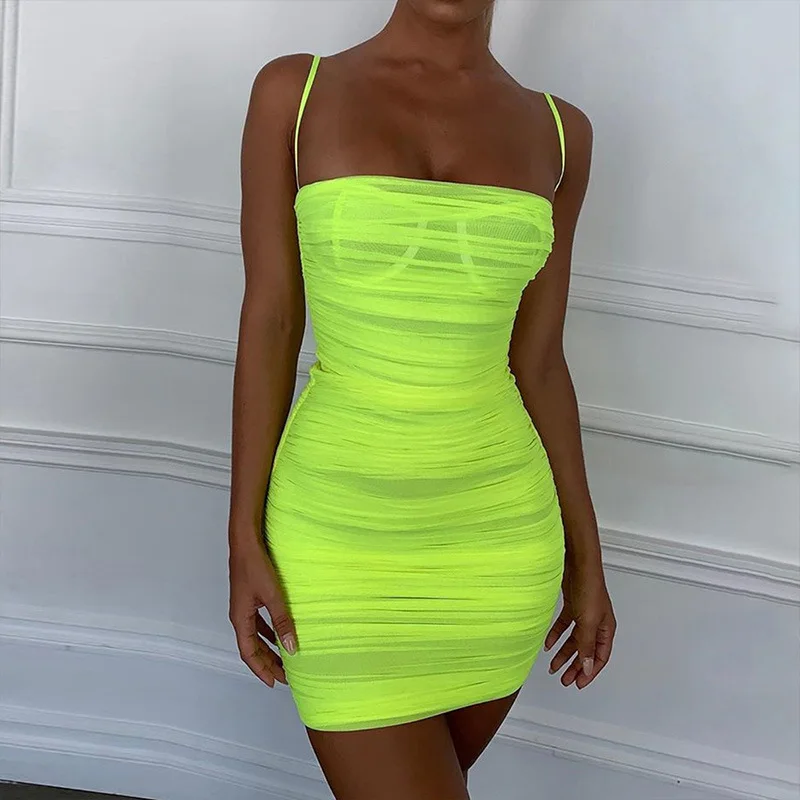 

Pleated Sling Bodycon Bandage Dress 2021 Women Sexy Party Spaghetti Strap Mini Summer Dresses Vestidos