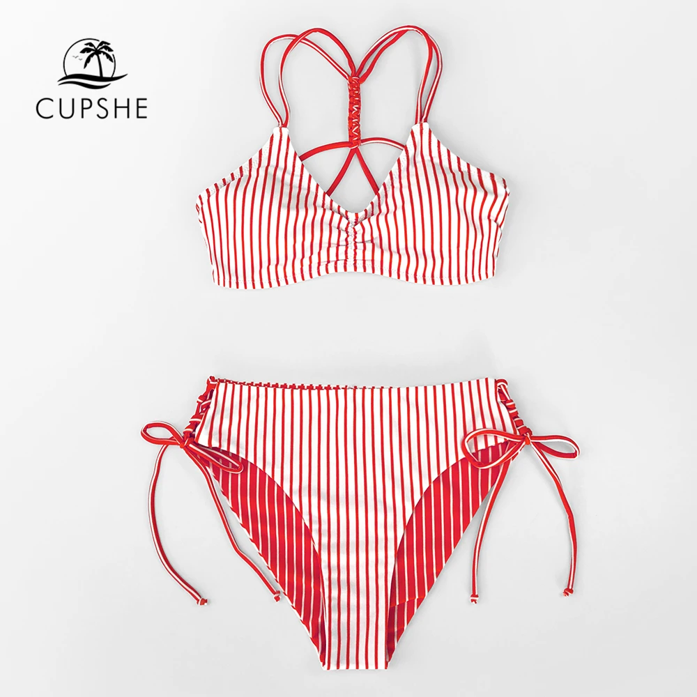 Комплект бикини CUPSHE в красную и белую полоску пикантный двусторонний купальник