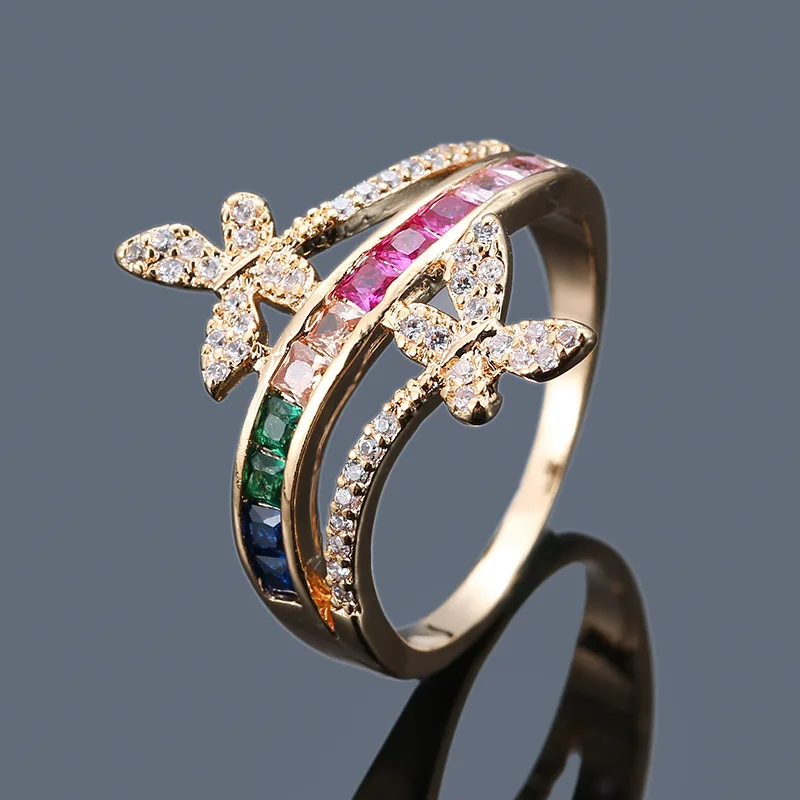 

South Korea new fashion couple ring simple butterfly inlaid diamond women's ring seven color rainbow zircon ring cross border