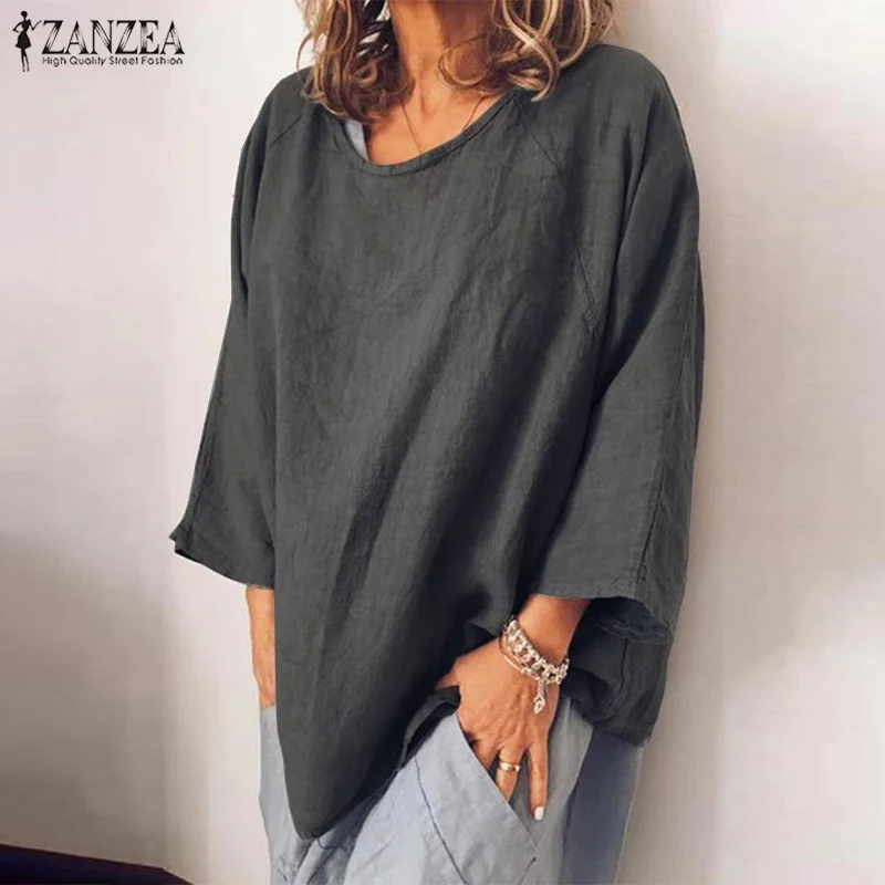 Модная женская Однотонная рубашка ZANZEA из хлопка и льна с длинным рукавом осенняя