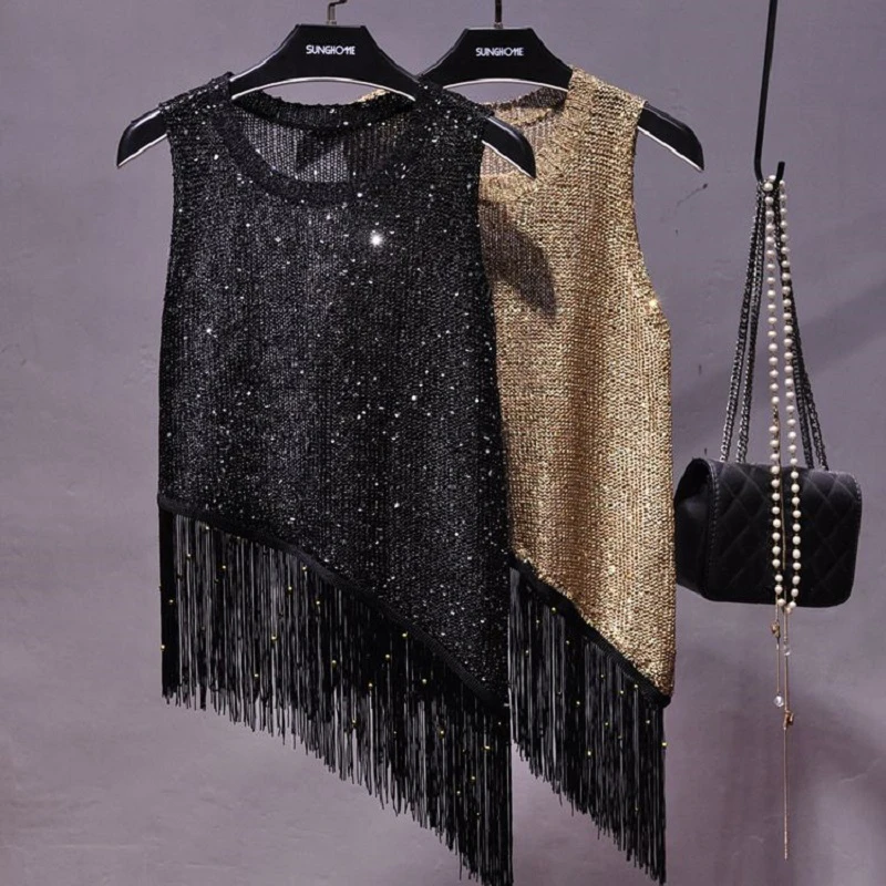 

2020 Fashion Dance Costume Knitted Tank Top Women Summer Sequin Fringe Camisole Hiphop Pole Dance Rave Outfit Streetwear DCC494