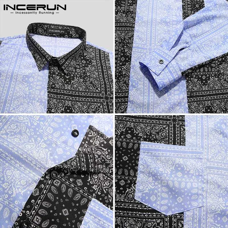 

Men Shirt Printing Patchwork Turn Down Collar Streetwear Long Sleeve Casual Tops Button Vintage 2021 Camisa Masculina INCERUN