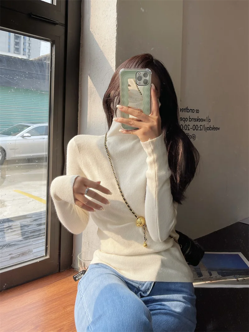 

Женский трикотажный свитер с высоким воротником, однотонный джемпер с длинным рукавом, G109, Осень-зима 2022