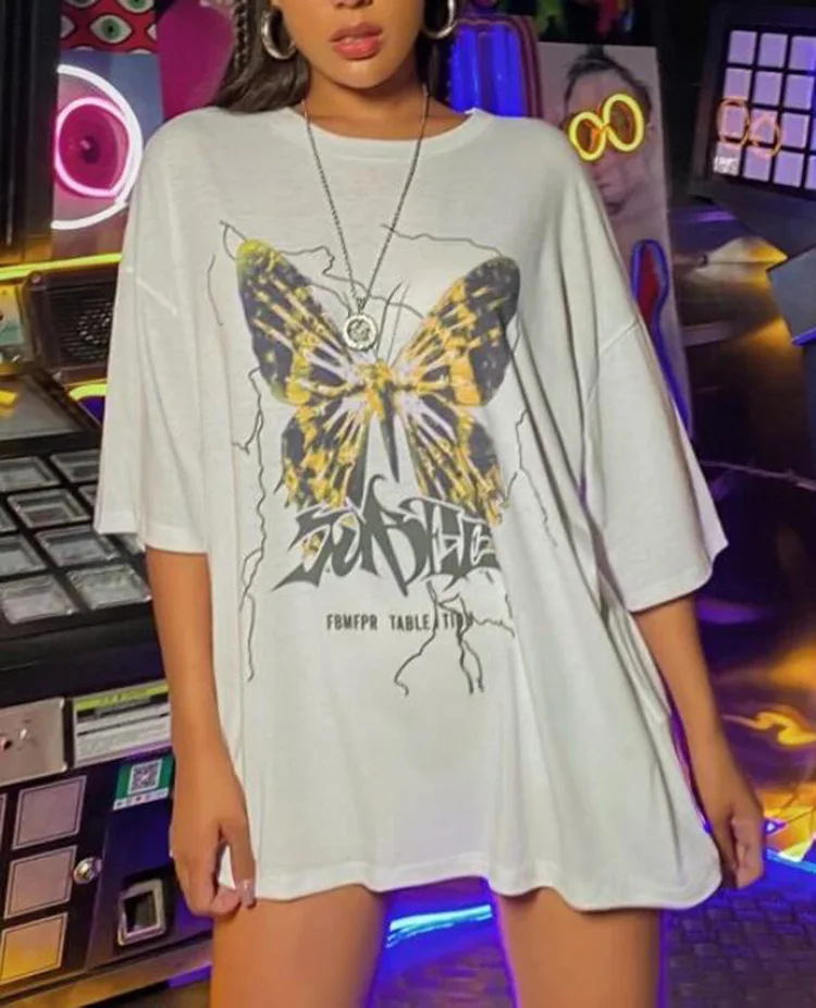 

2021 Long T-Shirt Tops Women's Dress Butterfly Print Loose Sleeve Clothing O Neck Party Club Beach Vintage Vestidos Streetwear