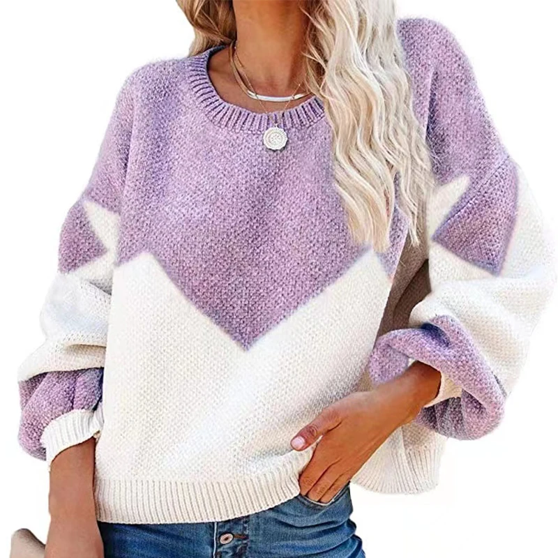 

2021 Autumn and Winter New Women's Loose Stitching Color Knit Sweater Large Size Long-Sleeved Top Casual Round Neck Pullover