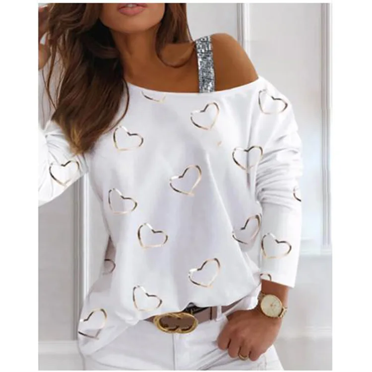 

Женская водолазка с пайетками, повседневный Свободный Топ с длинным рукавом и принтом в виде сердца, осень-весна 2022