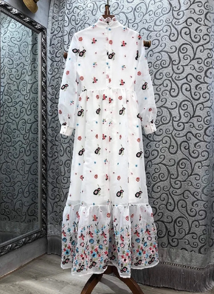 

Top Quality New 2020 Autumn Runway Long Dress Women Stand Neck Allover Luxurious Embroidery Long Sleeve Party White Maxi Dress