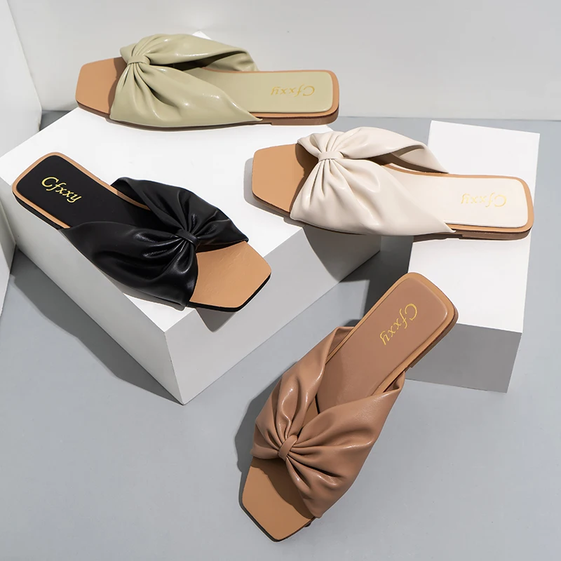 

2021 summer new bow slippers women's fashion square toe outdoor casual beach flat heel women's slippers slider