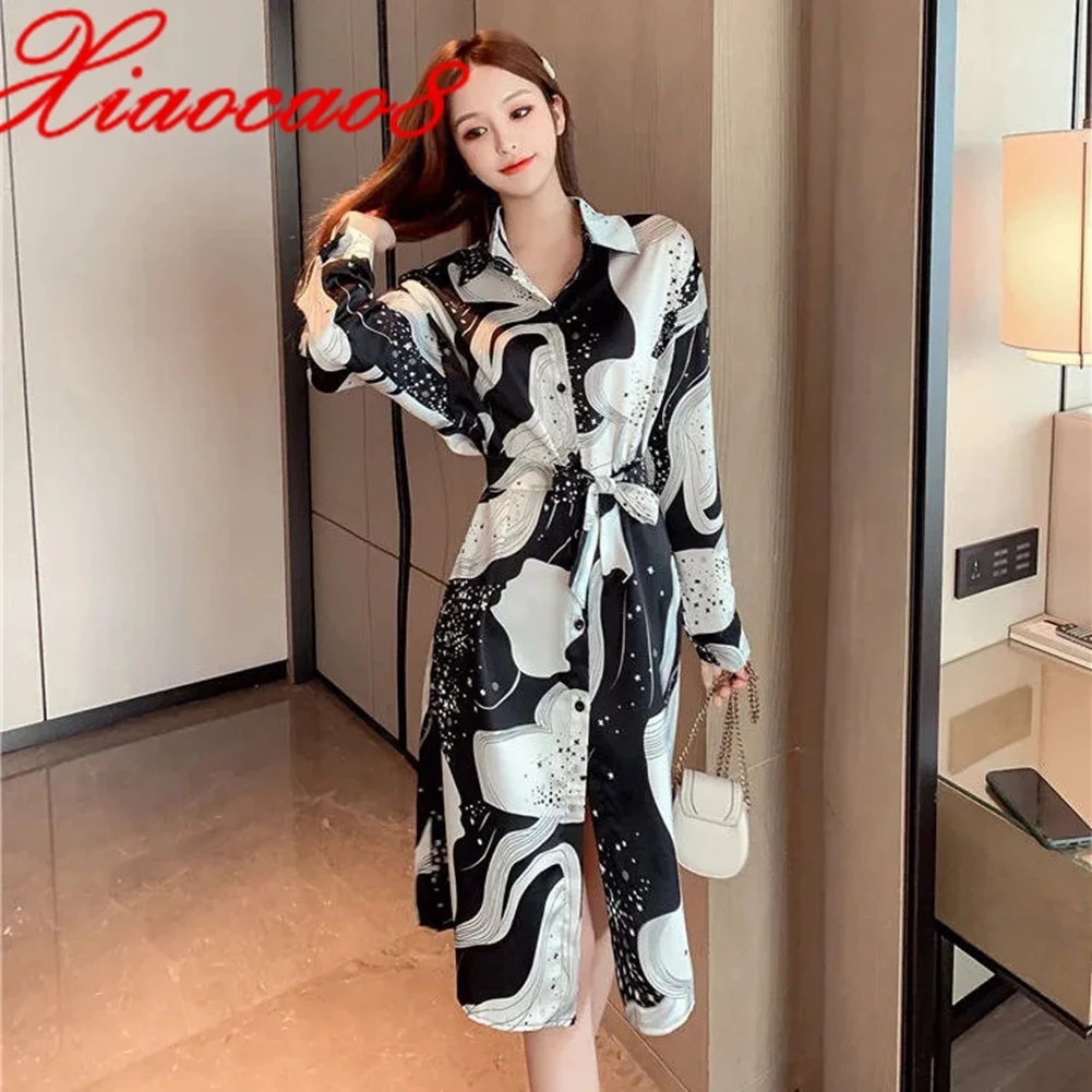 

Женское шифоновое платье с принтом, элегантное платье с отложным воротником и поясом, весна 2021