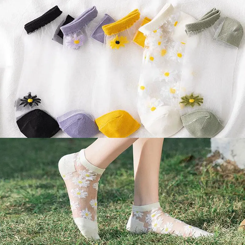 

Женские короткие носки с украшением в виде кристаллов стекло Маргаритка из шелка цветочные носки тонкие сетчатые прозрачные женские летни...