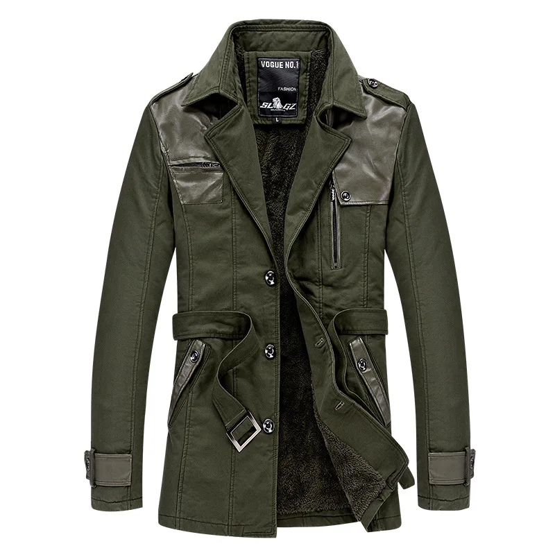 Мужской длинный Тренч теплая утолщенная куртка армейского зеленого цвета зимняя