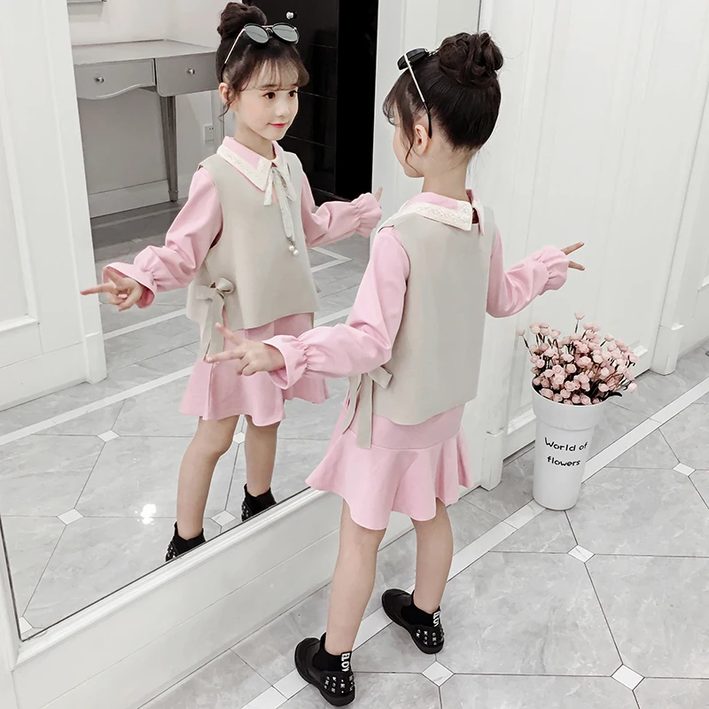

Preppy Style Baby Girls Sets Autumn New Long Sleeve Lace Bow Dresses + Vest 2pcs Kids Clothes Cute Cotton Baby Girls Outfits