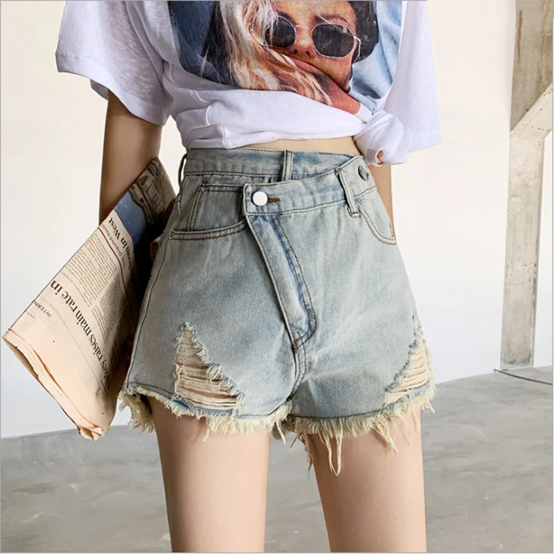 

High Waist Slim Denim Shorts Irregular Denim Shorts Female High Waisted Wide Leg A Word Casual Shorts Washed Sexy Female Summer