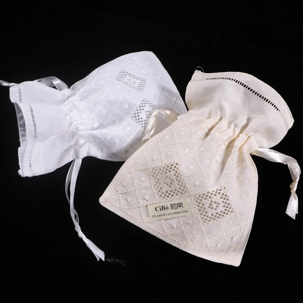 

B021 : 12 pieces Beige/White ramie cotton hand embroidery Drawnwork Sachet gift bags Storage bags Travel Drawstring bags
