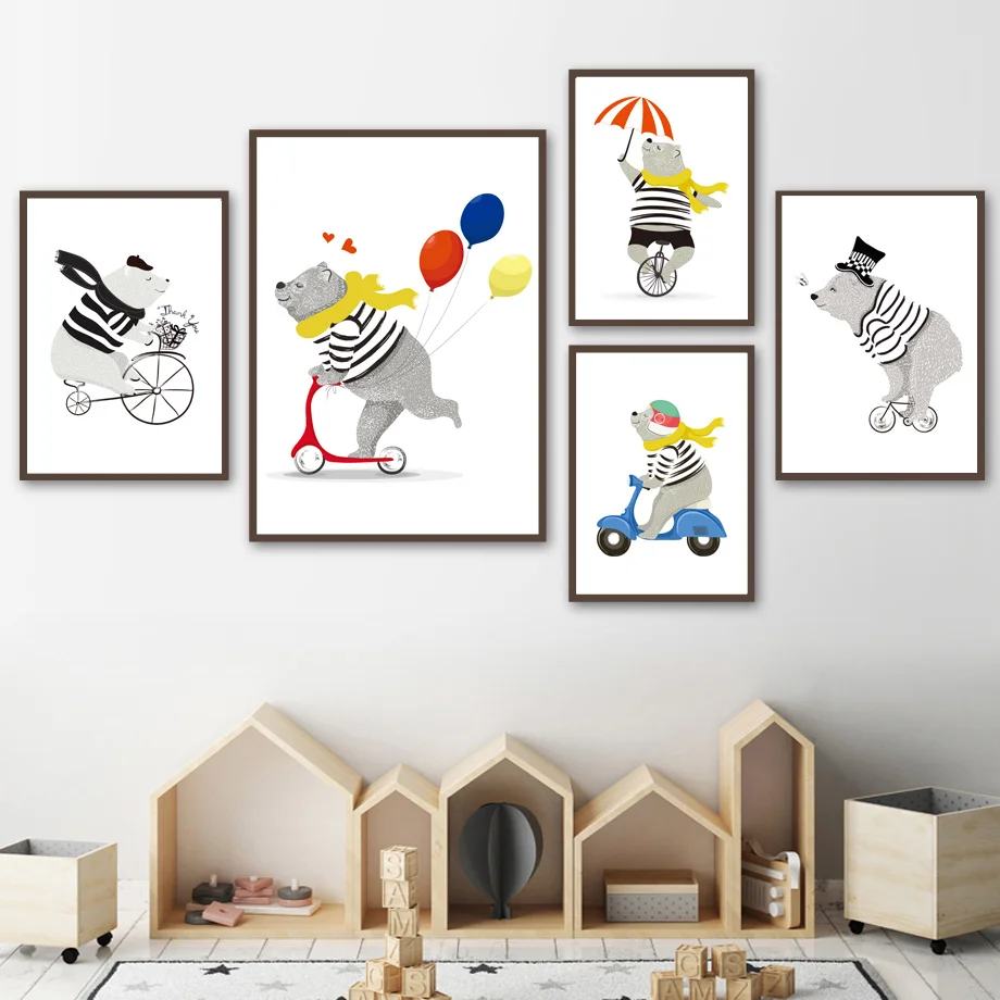 Настенная картина милая шляпа медведь велосипед зонт мотоцикл скандинавские