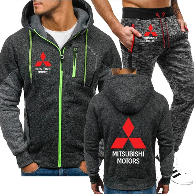 

Mens jacket sweatshirt Mitsubishi Car Logo Printed Spring Autumn Hoodies Pants 2Pcs Sporting suit Fleece Warm Thick sportwear