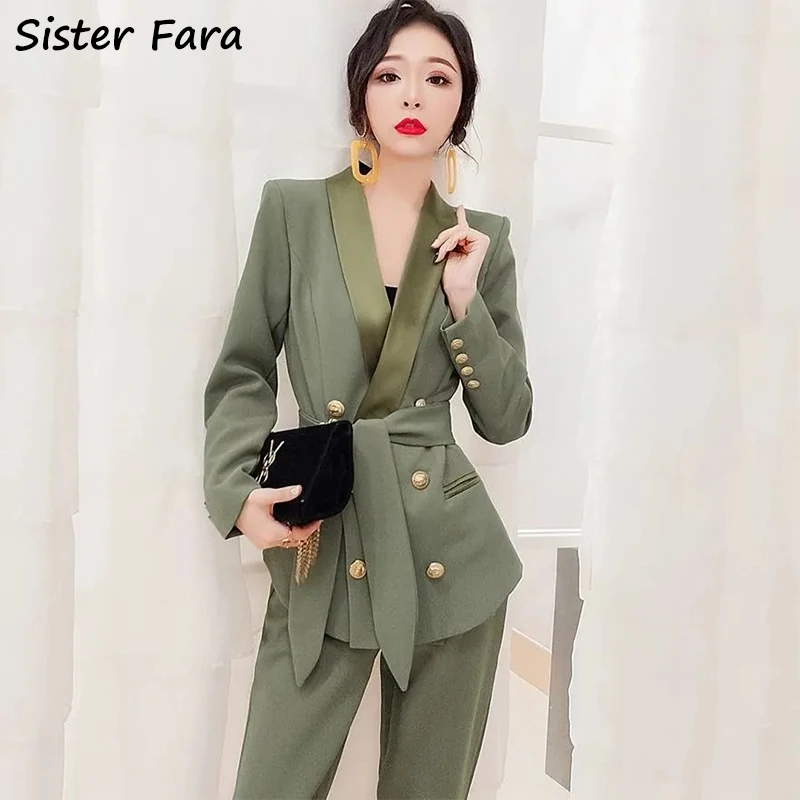 

Sister Fara Autumn Winter Women's Notched Lace Up Blazers Set+High Waist Straight Ankle-Length Pants Office Lady Two Piece Suit