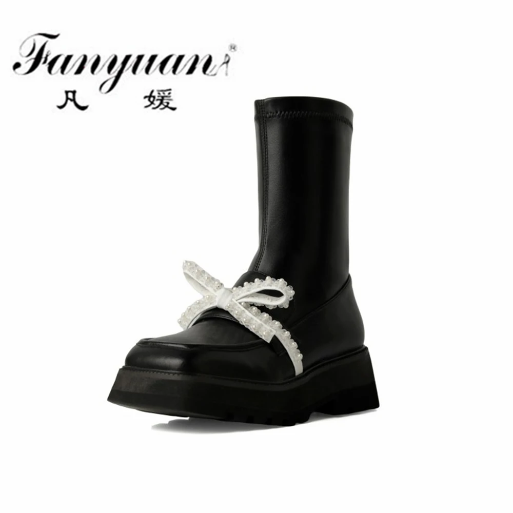 

Женские ботинки до середины икры с бантом-бабочкой Fanyuan, повседневные рабочие ботинки из натуральной кожи на платформе с квадратным носком, ...