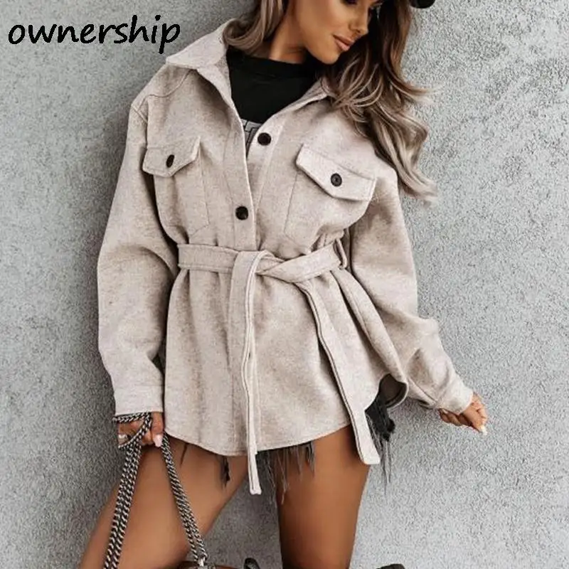 

Autumn Winter Warm Wool Blend Fashion Coat For Women Elegant Solid Turn Down Colla With Belt Long Jacket Female Vintage Overcoat