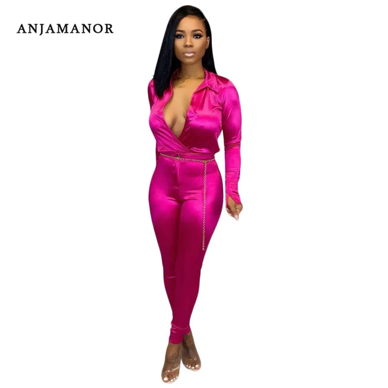ANJAMANOR, шелковый атлас, длинный рукав, комплект из двух предметов, топ и штаны, Женская Клубная одежда, одинаковые комплекты, сексуальные женские осенние зимние наряды D43AH50
