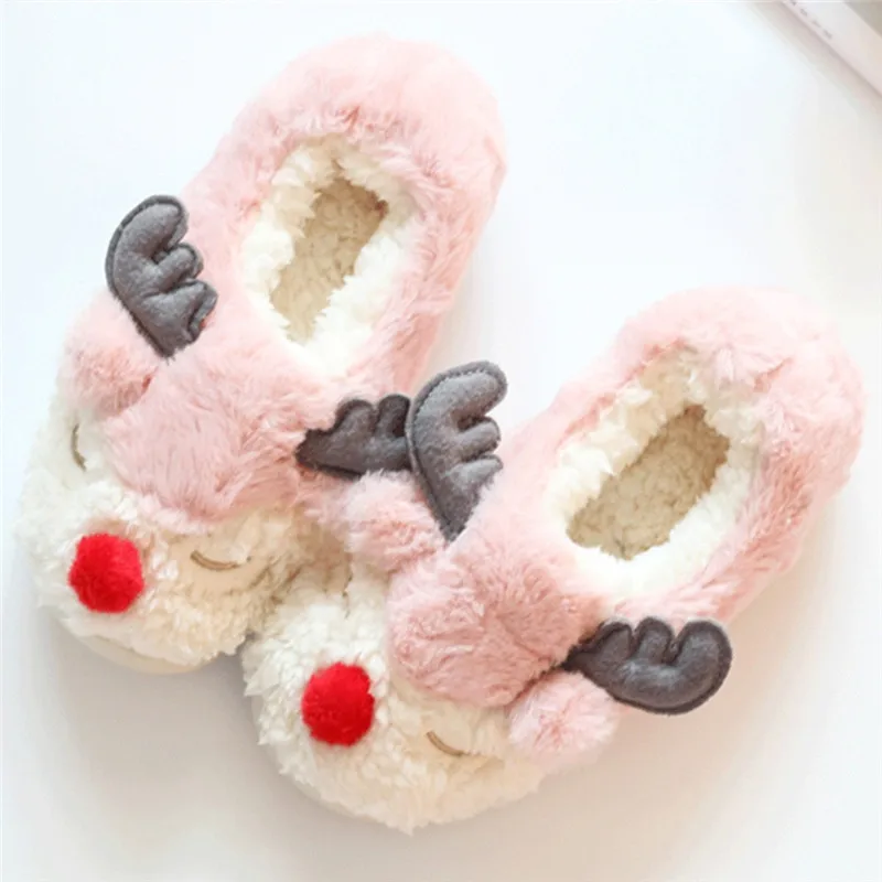 Зимние Для женщин рождественские Тапочки женские Теплый плюш милые лось олень