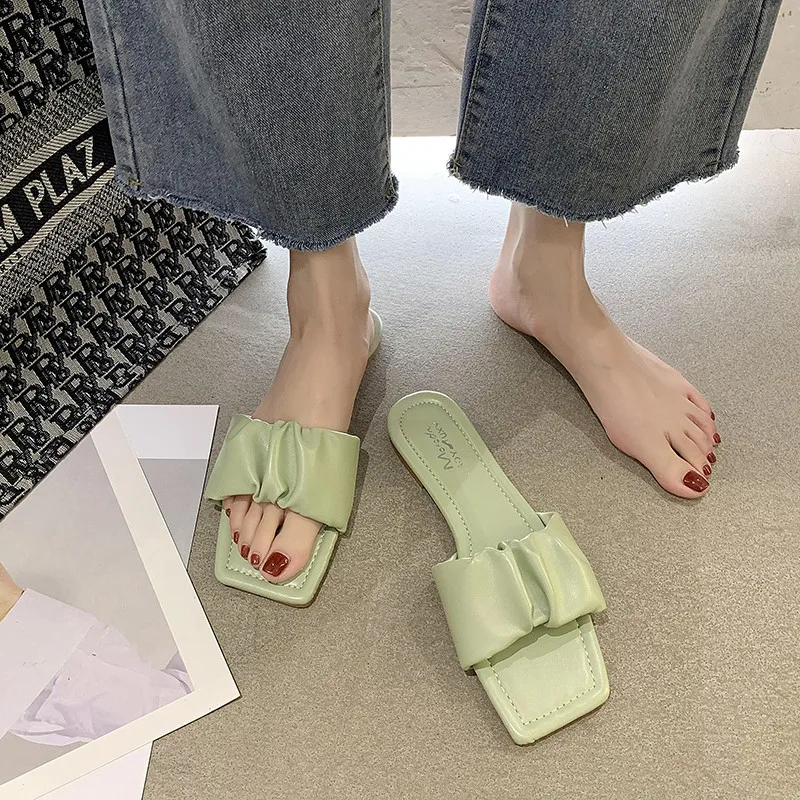 

Summer Women Avocado Sandals Brand Simple Pleated Flip Flop Casual Beach Square Open Toe Shoes Desinger Soft Outdoor Slippers