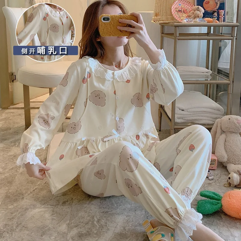 

Одежда для родов; Сезон весна-осень; Мягкая игрушка клубничный медведь с длинными рукавами хлопковые пижамы для беременных женщин женская п...