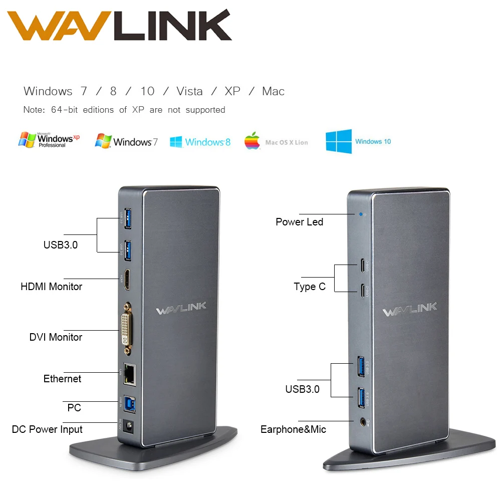 Wavlink Full HD 2048x1152 USB 3,0 type-C USB-C Универсальная док-станция+ RJ45/DVI/HDMI/VGA/MIC/аудио порт DisplayLink для ноутбука