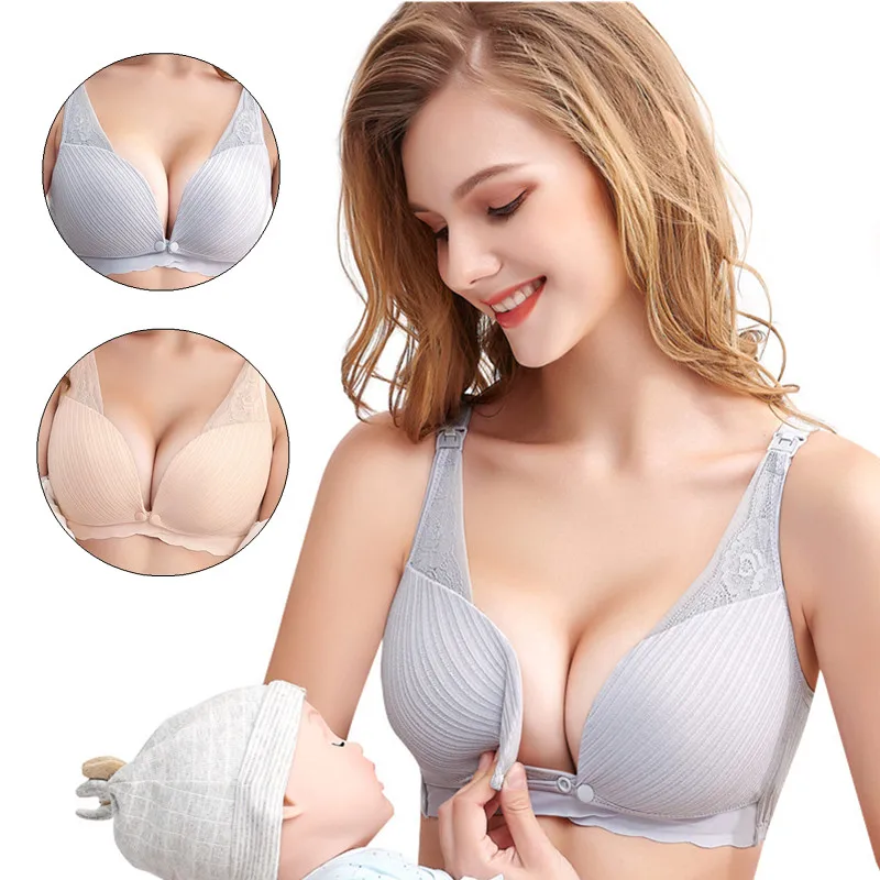 Sujetador de lactancia para mujeres embarazadas, ropa interior de algod&oacute;n transpirable, Sexy, f&aacute;cil de amamantar, sin aros-0