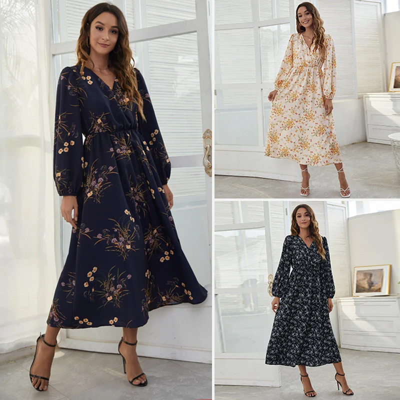 

2021 Autumn And Winter New Woman's Dress V-neck Grace Style Leisure Vacation Traditional Floral Print S-XXL