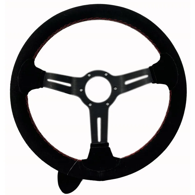 

330mm Leather Suede Steering Wheel Black Deep Corn Dish Spoke 13 Inch Racing Car ND Button